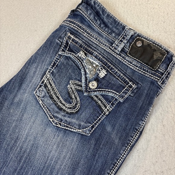 Silver Jeans Denim - Silver Jeans Co Suki Flap 17" Denim Blue Jeans 34/33 Embroidered Sequins